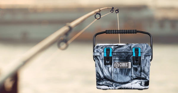 A Cubix cooler being reeled in by a fishing rod