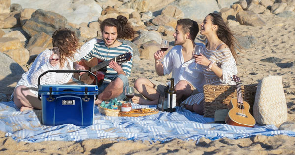 travelers using a cooler for their road trip snacks